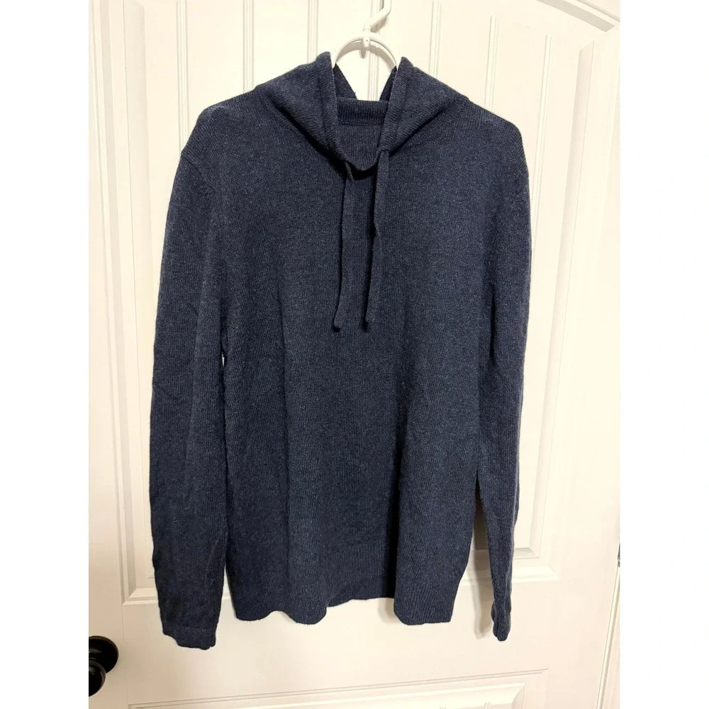 Banana Republic Wool Sweater Mens L Hooded Italian Yarn Navy Blue Pullover EUC
